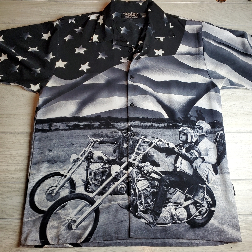 Vtg Dragonfly Casual All Over Print Button Shirt w/ Easy Rider Flag sz. L. Fonda
